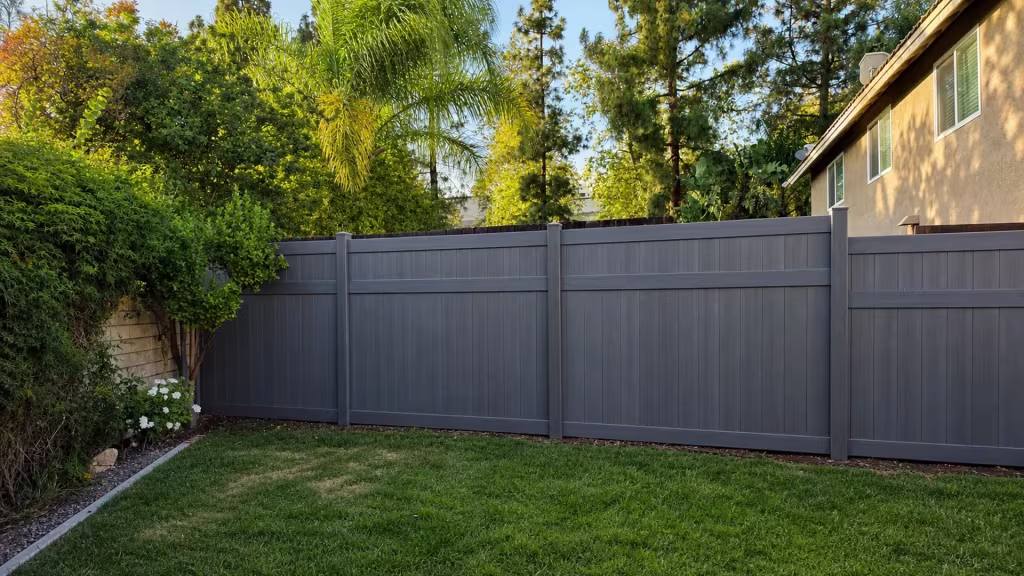 The old wood fence line still shows behind this Arctic Blend vinyl privacy fence in Rancho Cucamonga