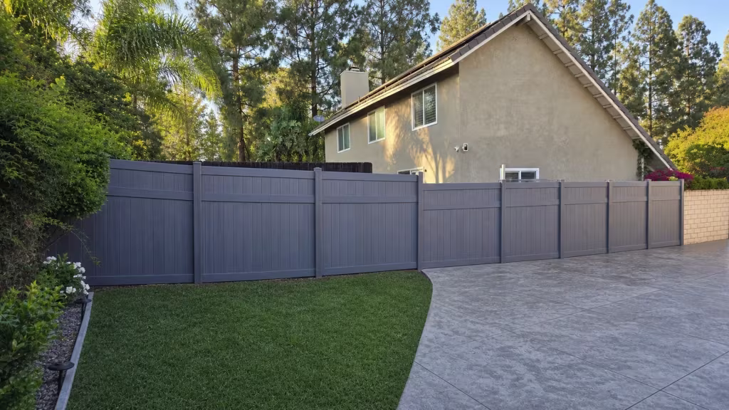 Arctic Blend vinyl privacy fence running past tall pines toward a masonry boundary in Rancho Cucamonga
