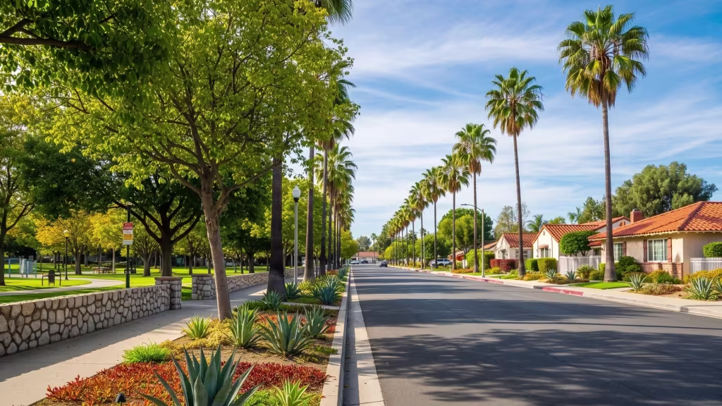 A palm-lined residential boulevard with landscaped walls runs through San Dimas