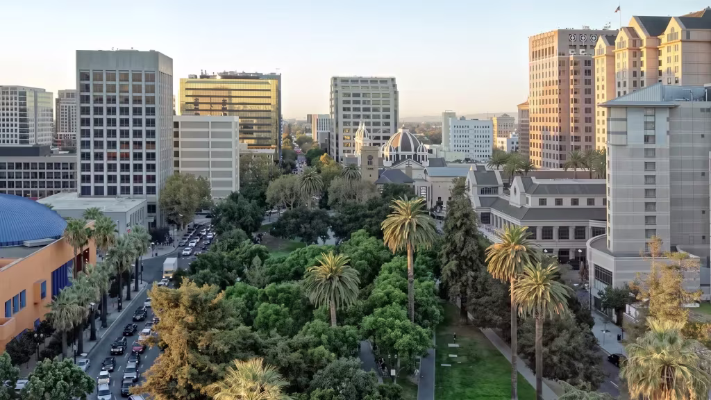 Palm-lined streets run through San Jose's central business district in this elevated city view