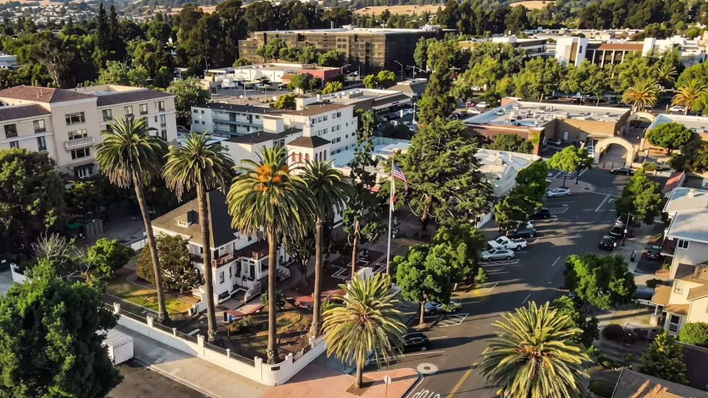 A civic and commercial district sits among palms and low-rise neighborhoods on this side of San Leandro