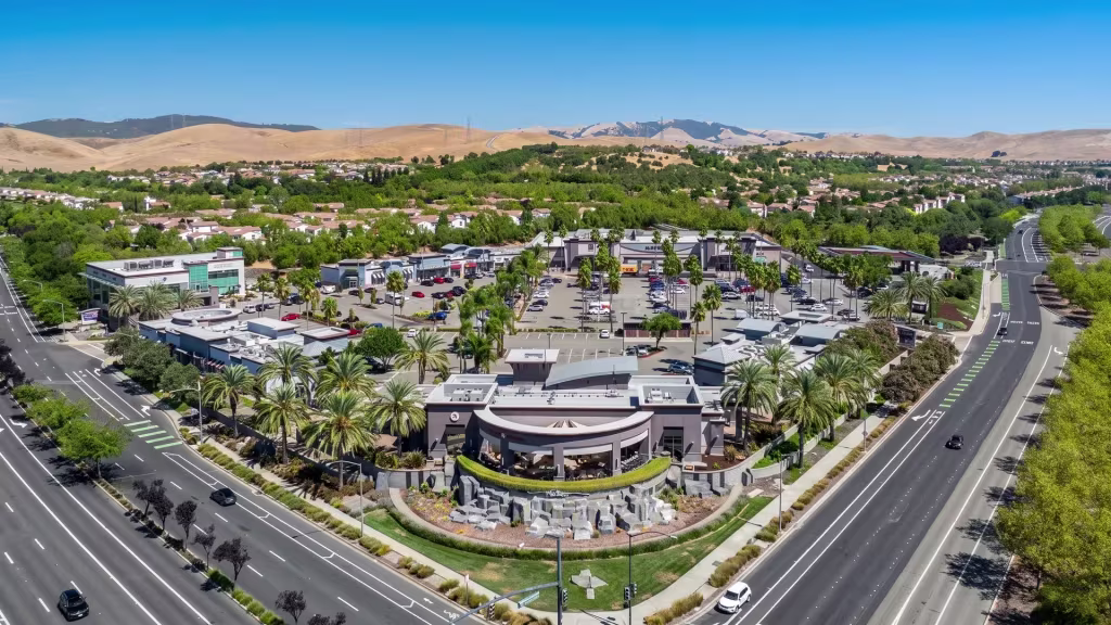 Broad roads and golden hills frame the commercial center at the heart of San Ramon