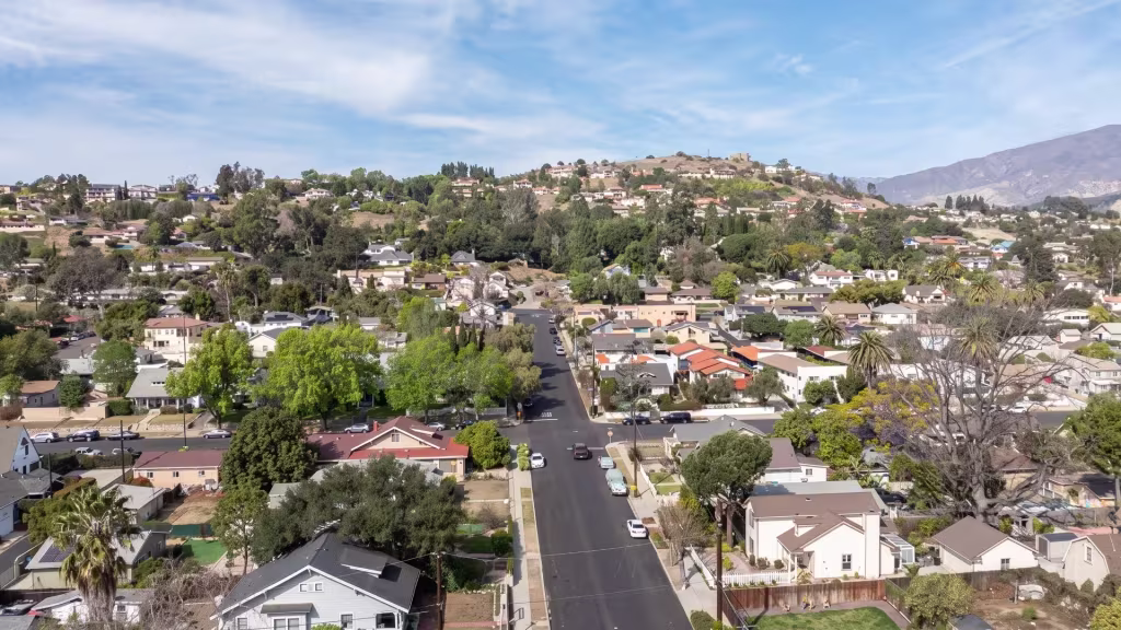 Hillside homes overlook the small-town valley of Santa Paula in this elevated view