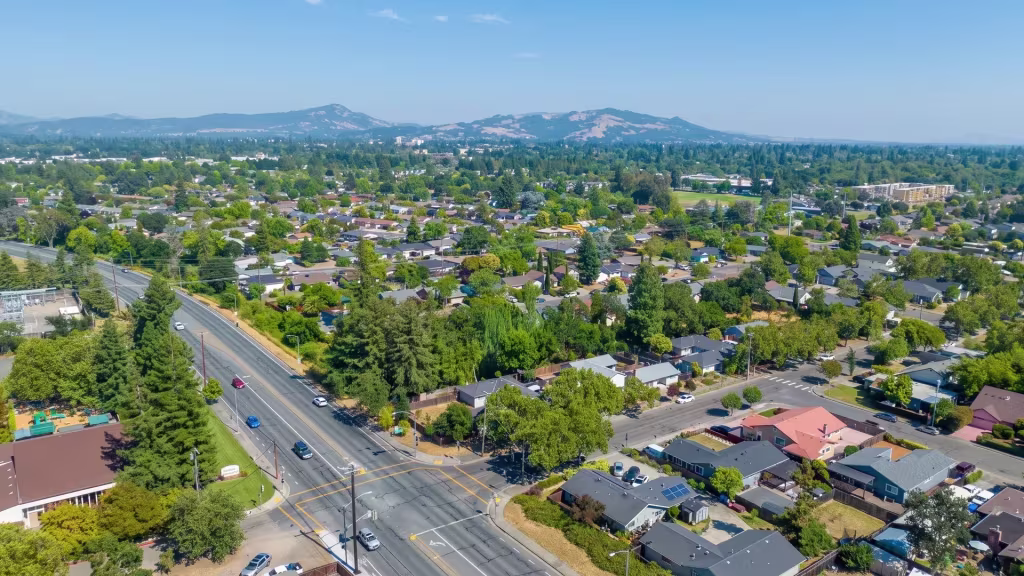 One long arterial road threads through Santa Rosa's neighborhoods toward distant mountains