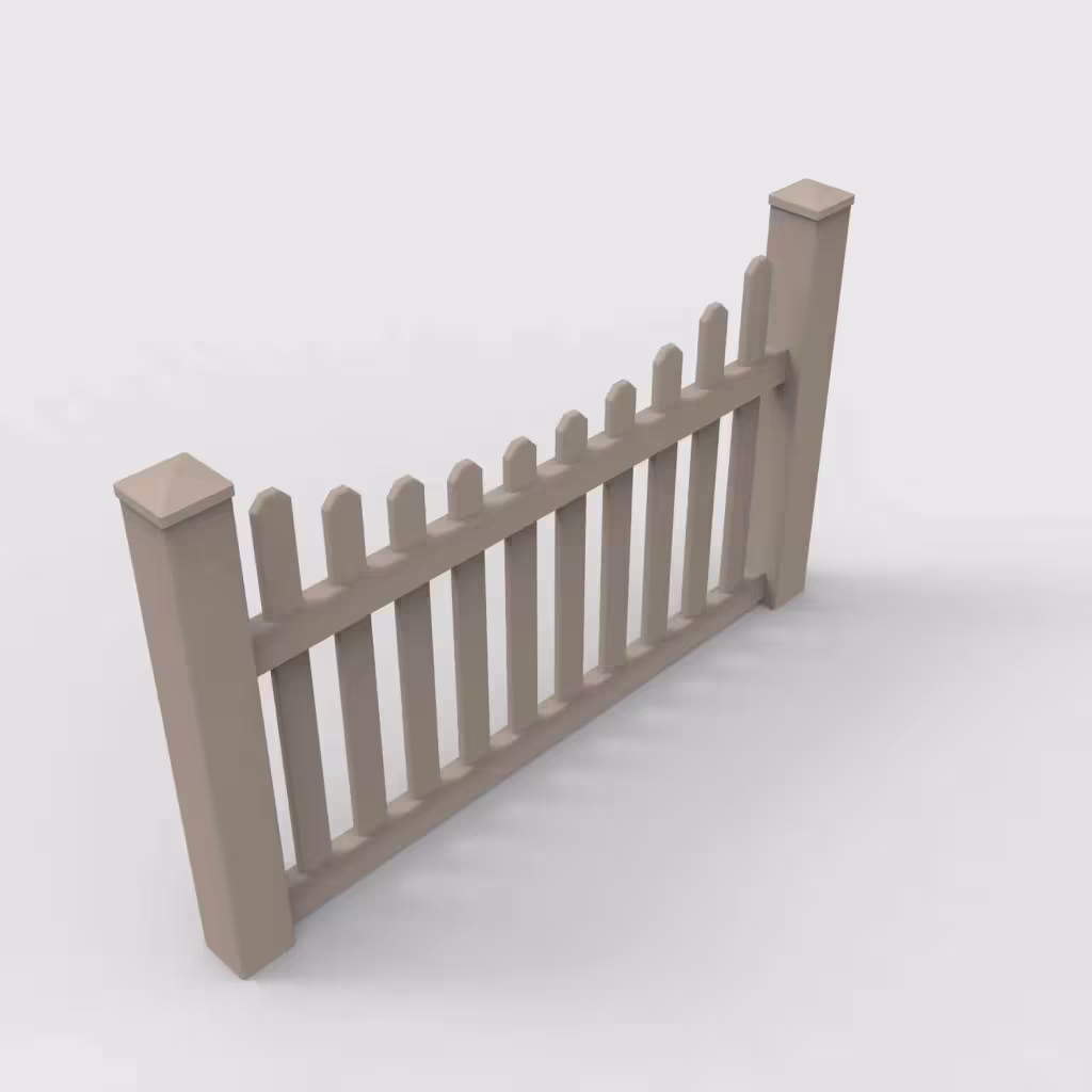 Clay scalloped picket 3.5 ft fence, isometric view