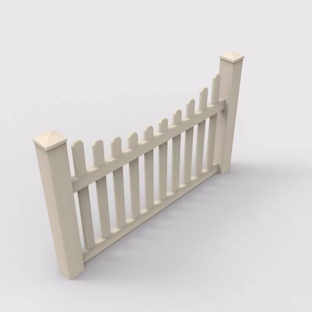 Tan scalloped picket 3.5 ft fence, isometric view