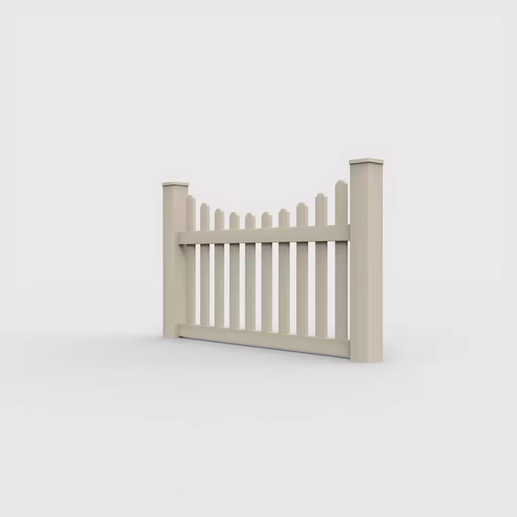 Tan scalloped picket 3.5 ft fence, left-side view