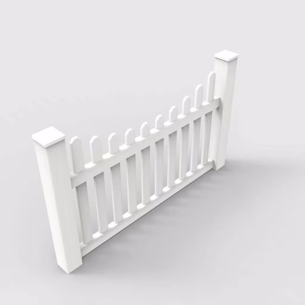 White scalloped picket 3.5 ft fence, isometric view