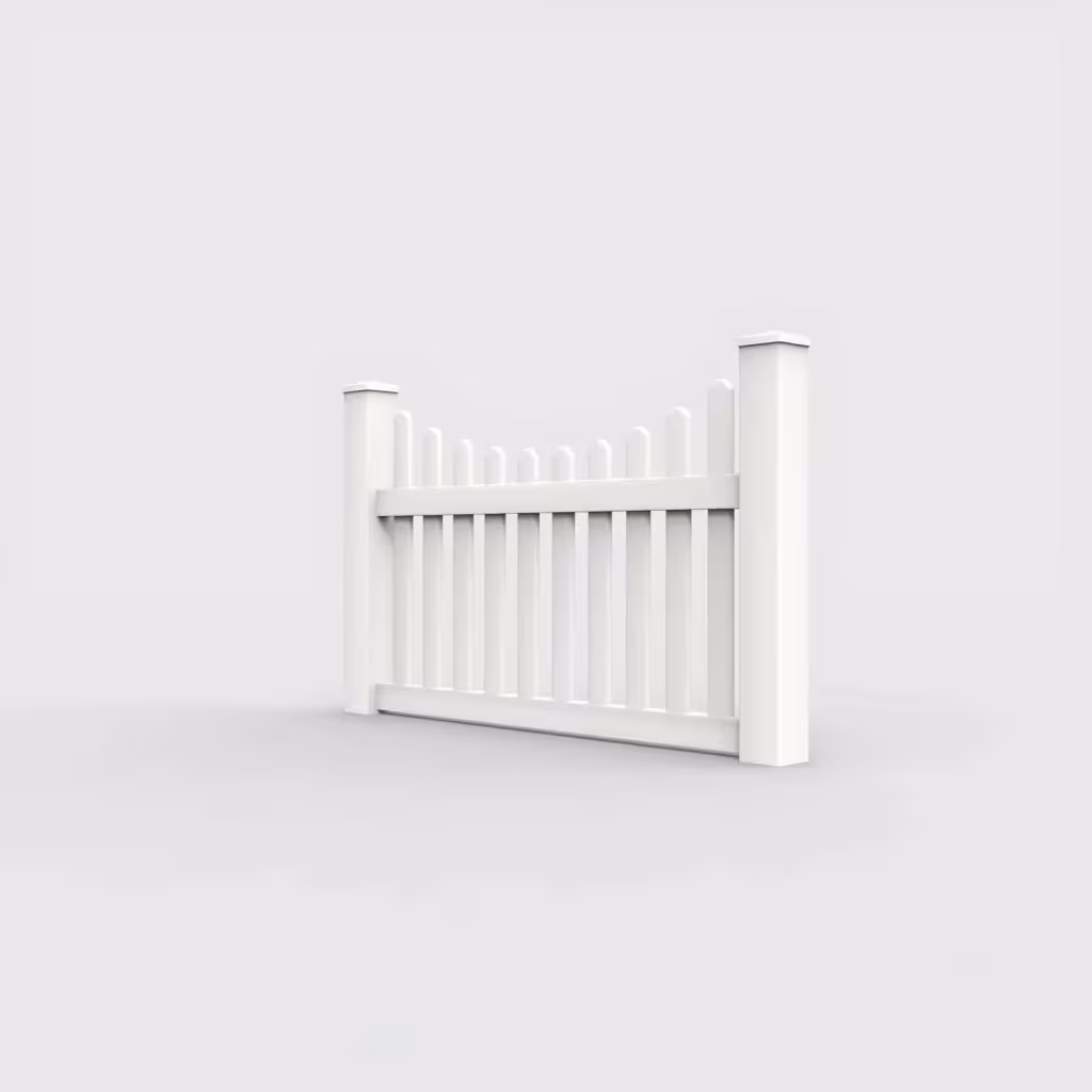 White scalloped picket 3.5 ft fence, left-side view