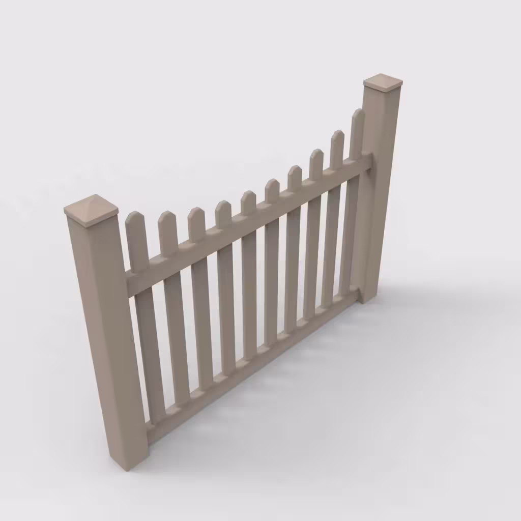 Clay scalloped picket 4 ft fence, isometric view