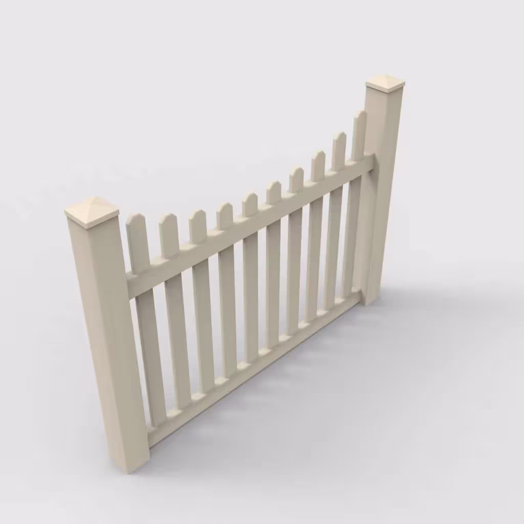 Tan scalloped picket 4 ft fence, isometric view