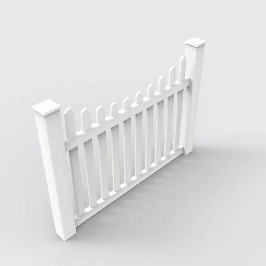 White scalloped picket 4 ft fence, isometric view