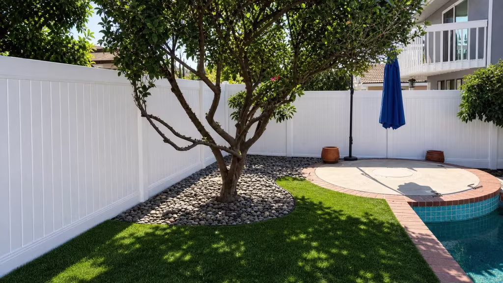 A two-story house with a balcony railing overlooks this White vinyl privacy fence bordering the pool in Laguna Hills