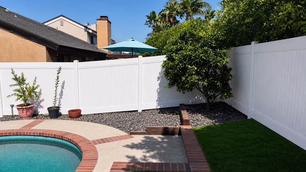 A rooftop chimney rises above this White vinyl privacy fence forming an L-shaped enclosure around the pool in Laguna Hills
