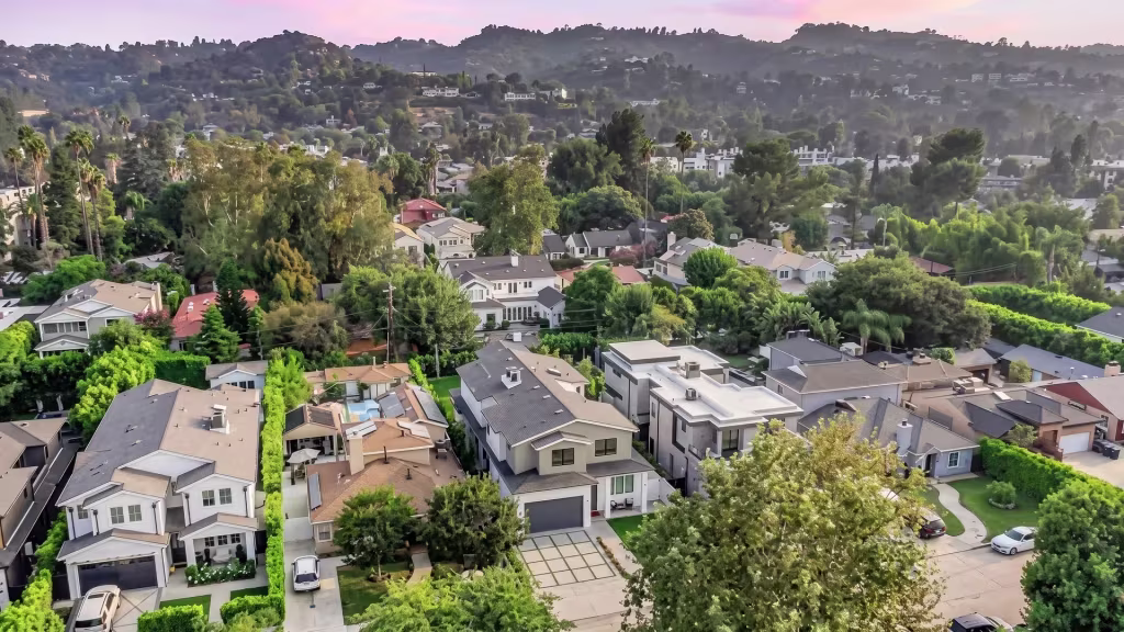 A hillside neighborhood in Sherman Oaks looks out over the city basin beyond