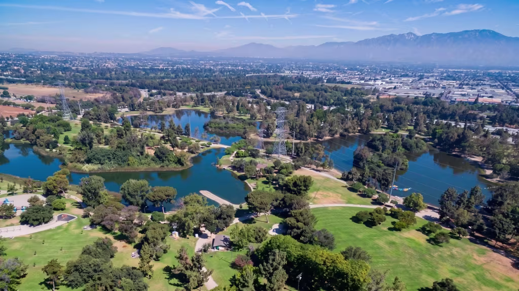 Aerial park view over South El Monte, where lakes sit within a park surrounded by the city