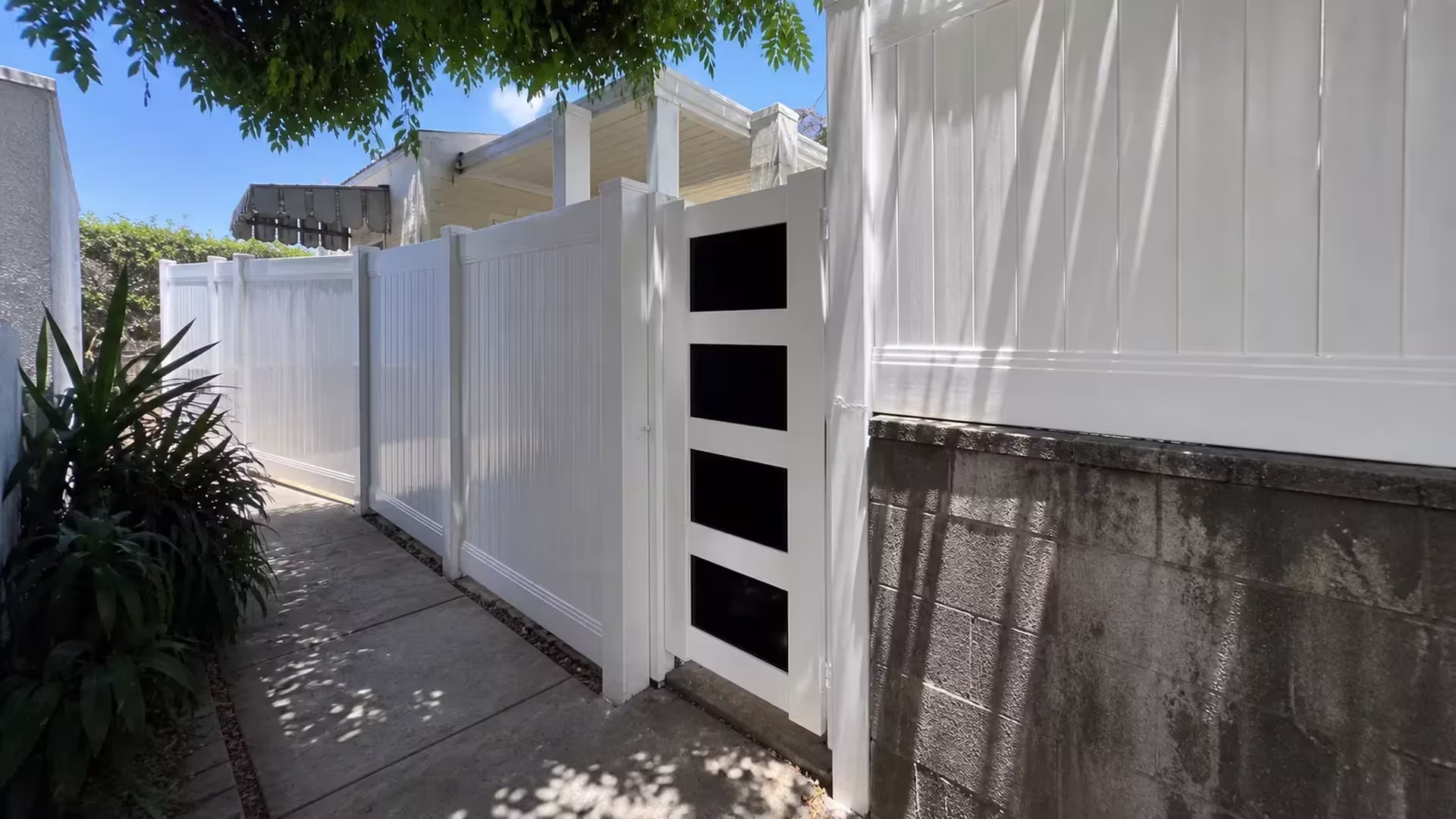 A mature tree overhangs the narrow side-yard passage beside this White vinyl privacy-and-acrylic fence in West Hollywood