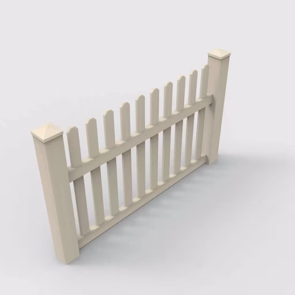 Tan straight picket 3.5 ft fence, isometric view