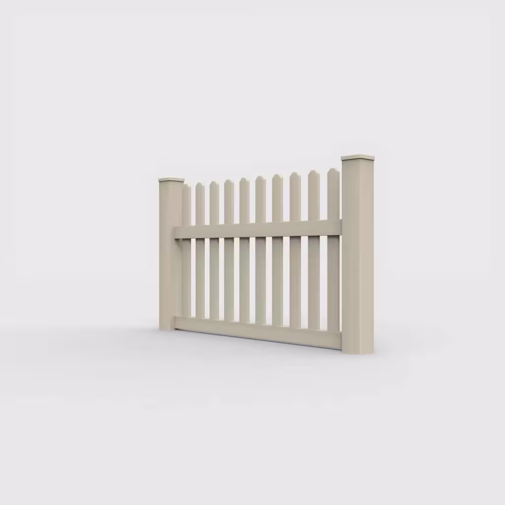 Tan straight picket 3.5 ft fence, left-side view