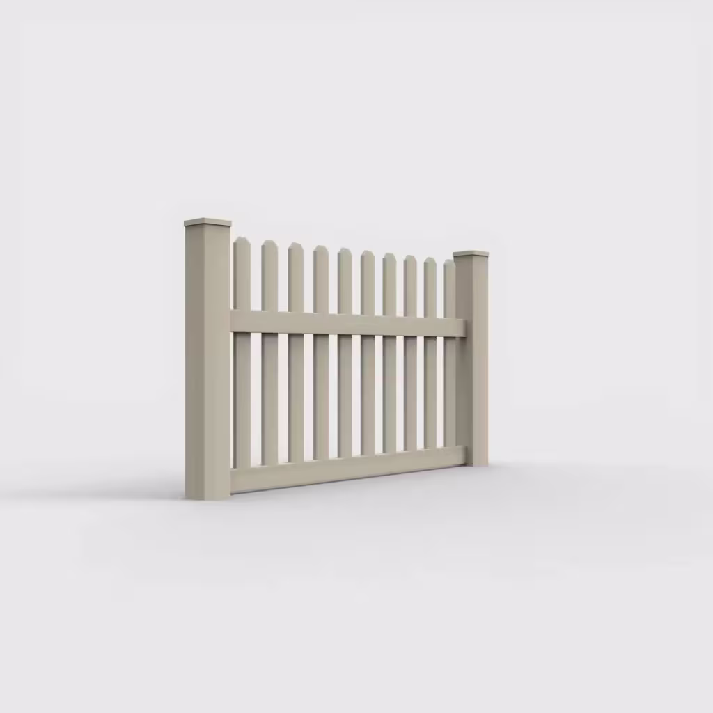 Tan straight picket 3.5 ft fence, right-side view