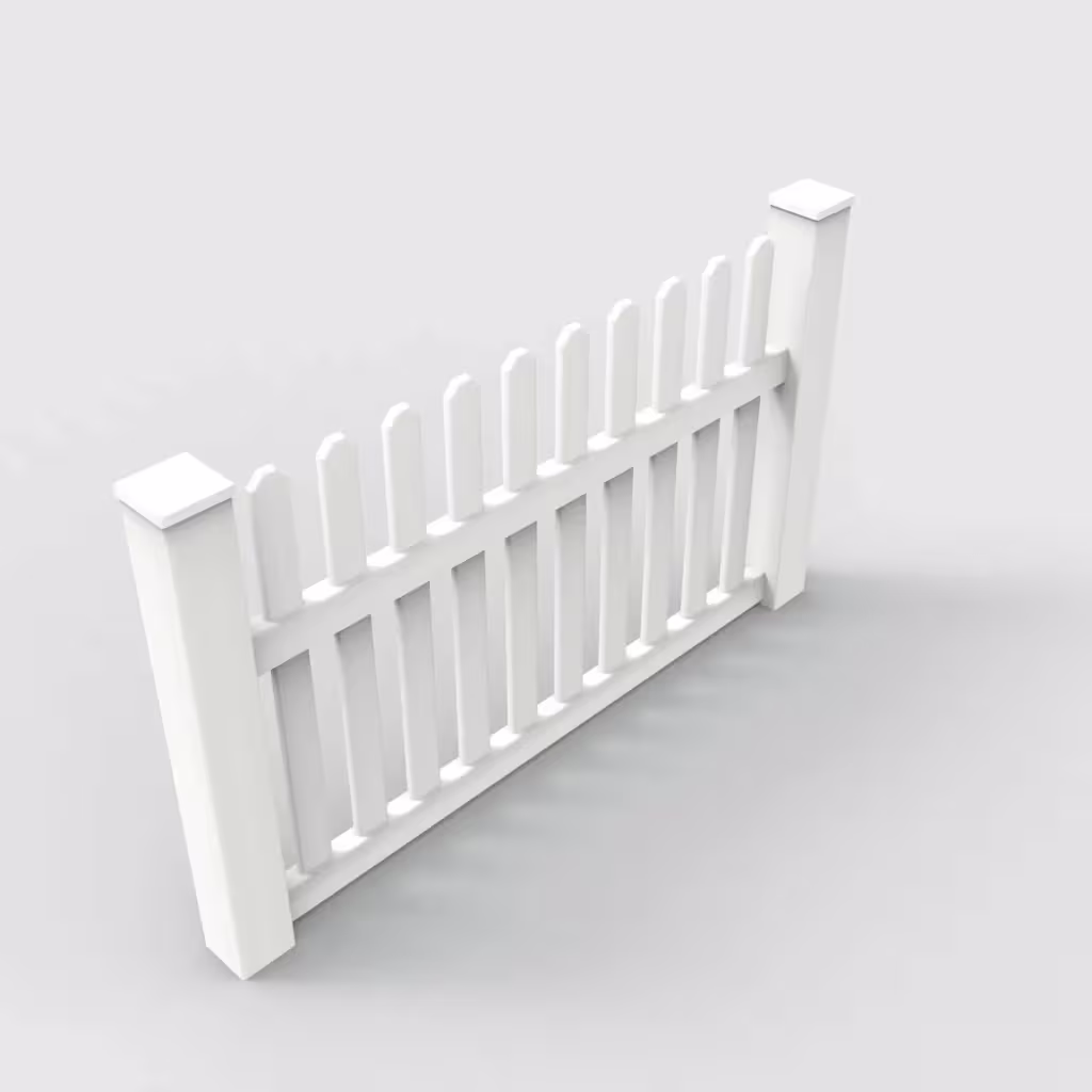 White straight picket 3.5 ft fence, isometric view