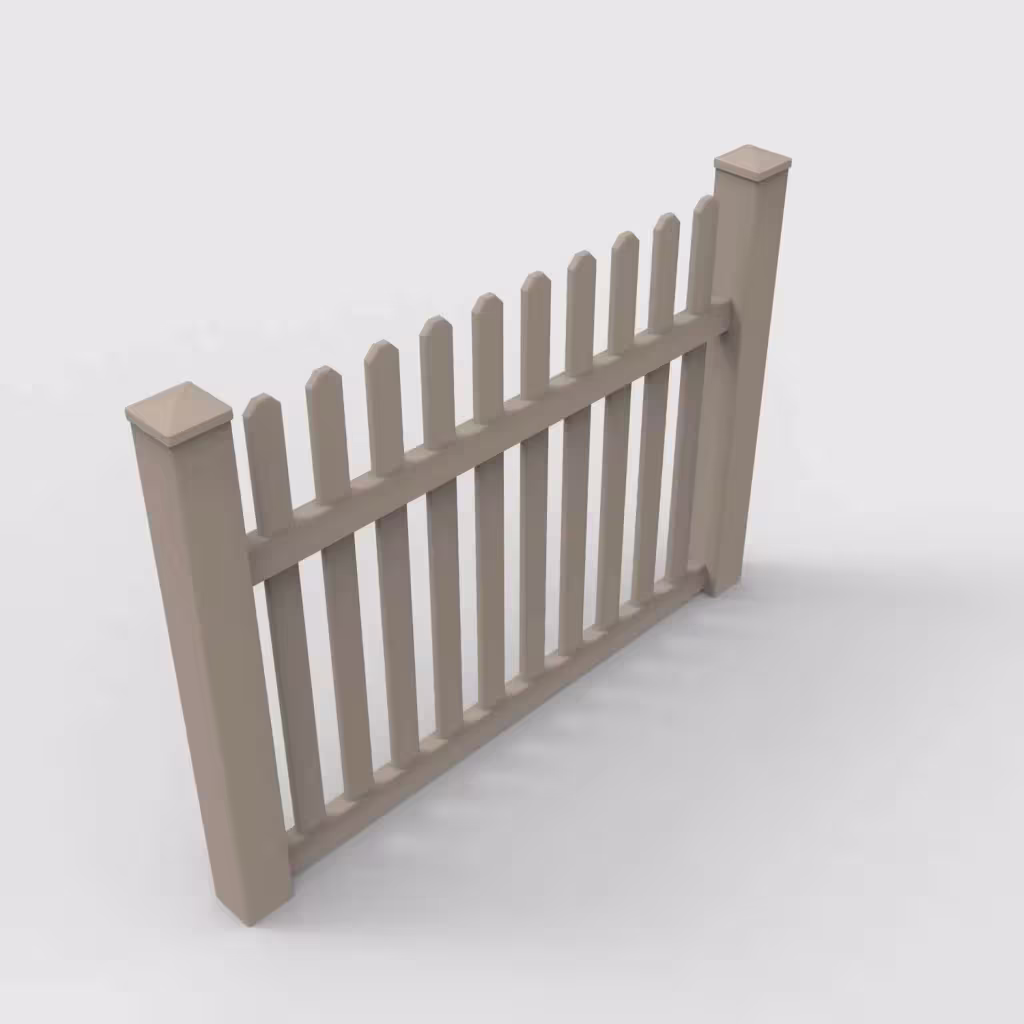 Clay straight picket 4 ft fence, isometric view