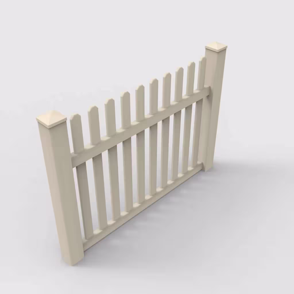 Tan straight picket 4 ft fence, isometric view