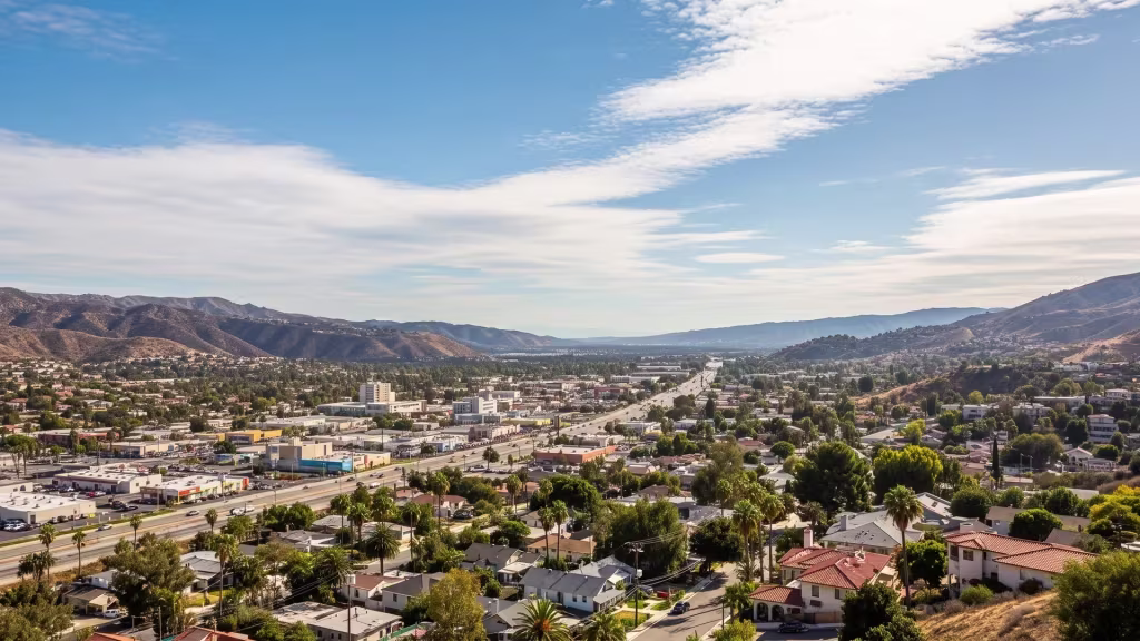 Elevated panorama over Sun Valley, a broad urban stretch framed by dry hills on either side