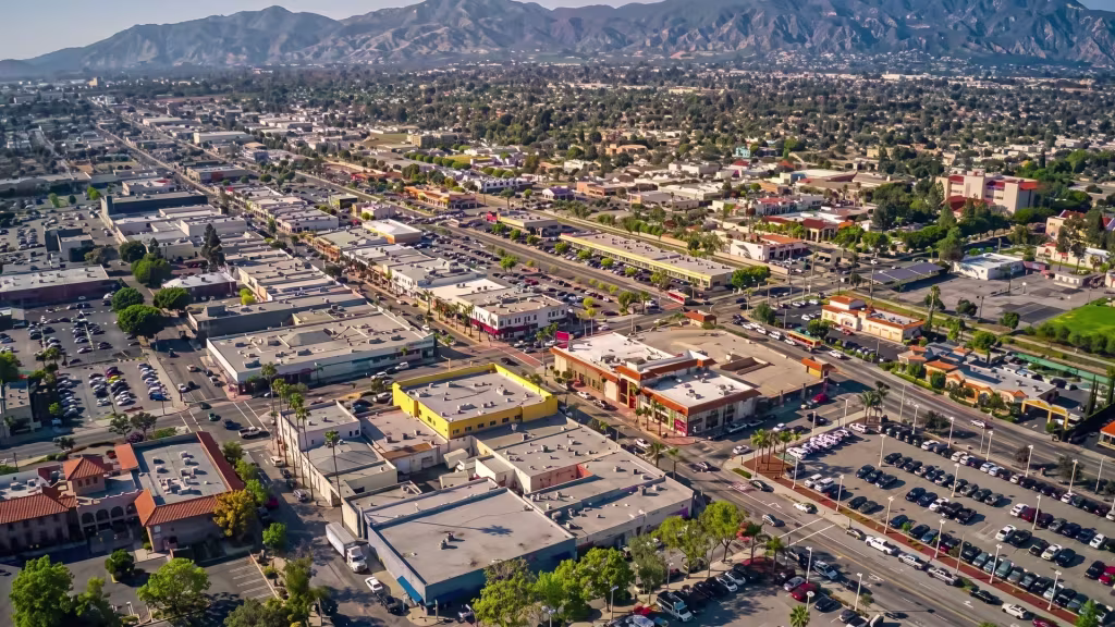 Aerial view over Sunland, a mixed commercial and residential district set at the base of mountains