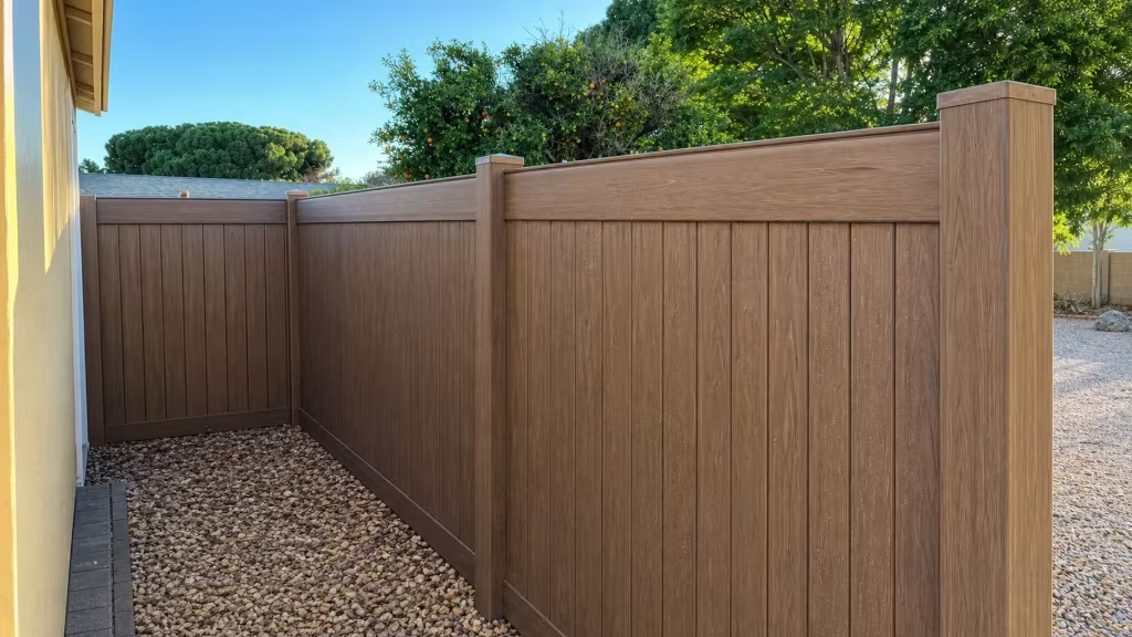 A fruit-bearing citrus tree stands beside this Dark Walnut vinyl privacy fence stretching from a corner post in Granada Hills