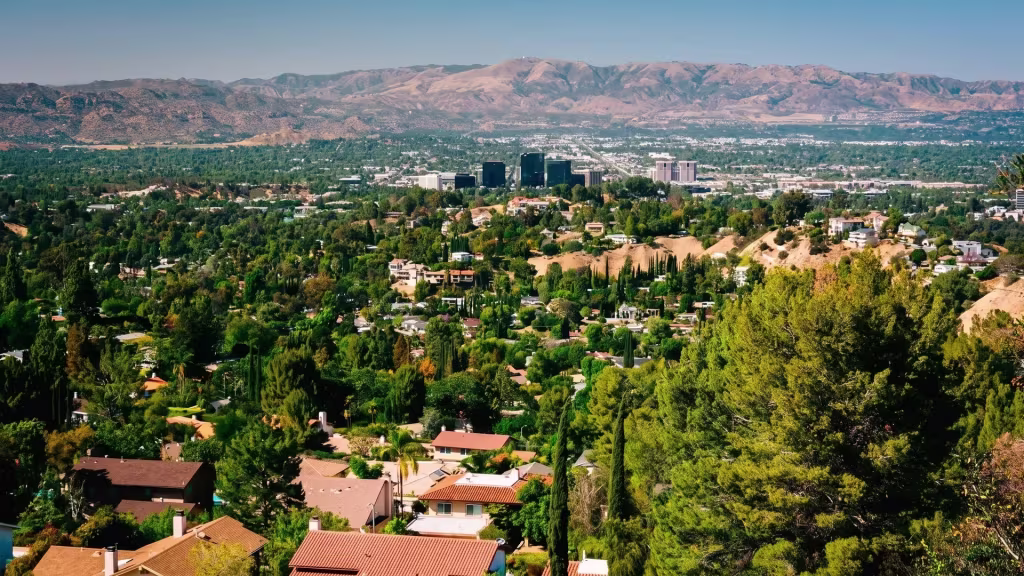 Elevated panorama over Topanga, a wooded canyon community of scattered homes set among the hills