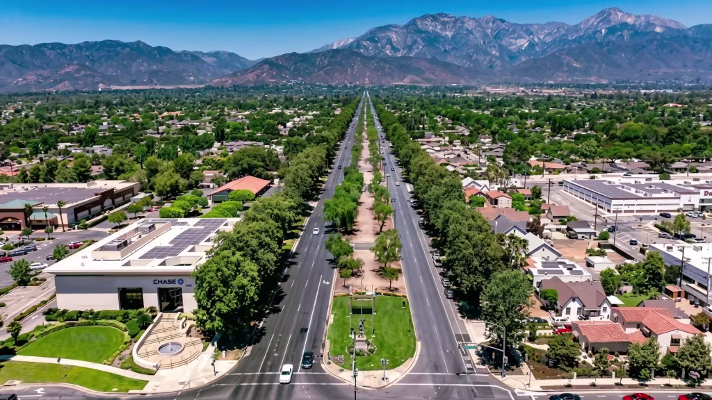 Elevated view over Upland, a long palm-lined avenue leading toward snow-capped mountains