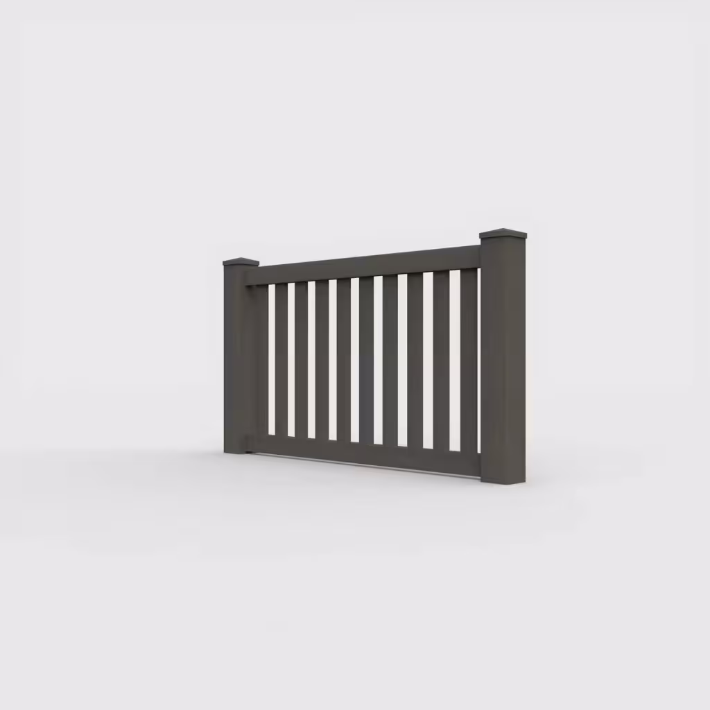 D. walnut vertical picket 3 ft wall topper, left-side view