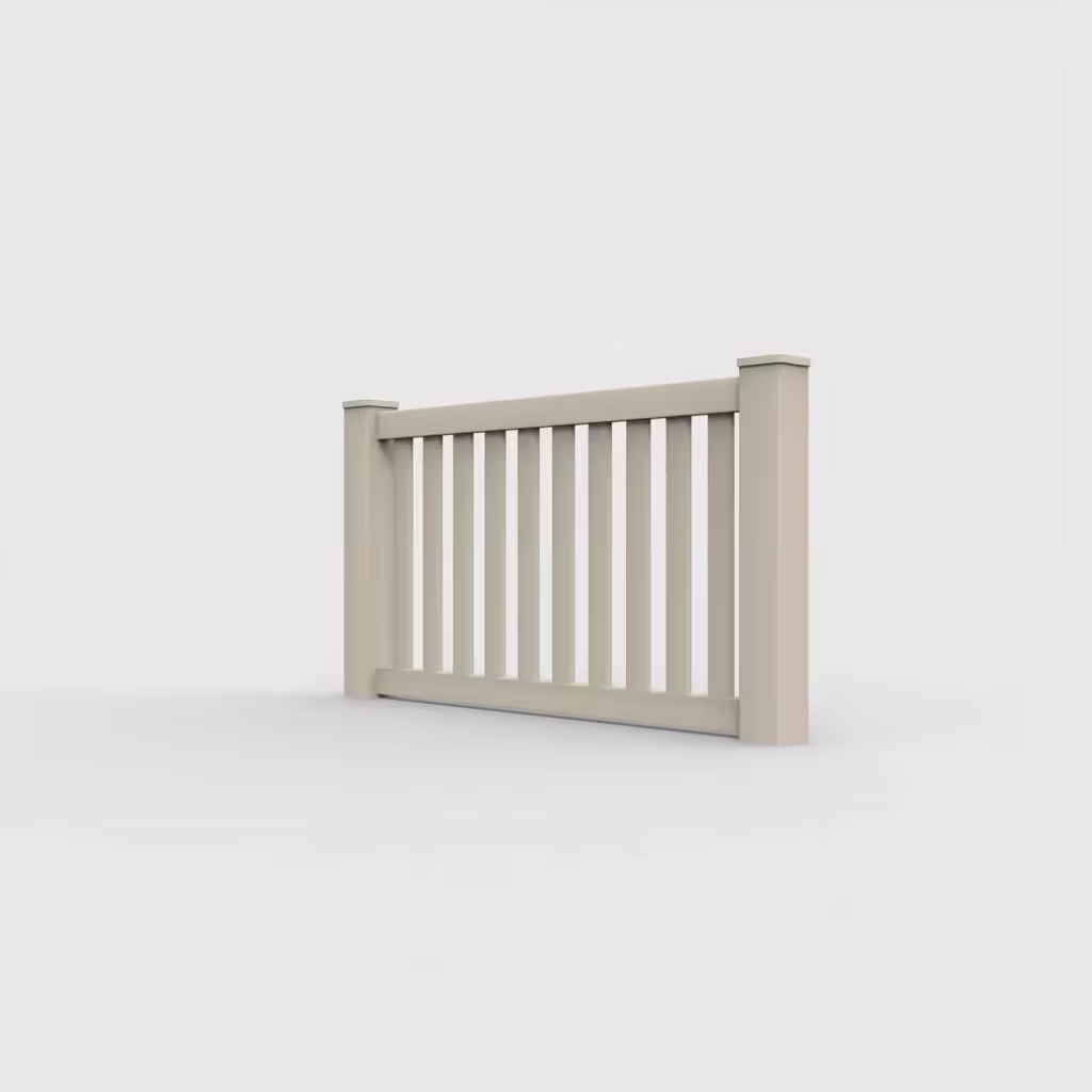 Tan vertical picket 3 ft wall topper, left-side view