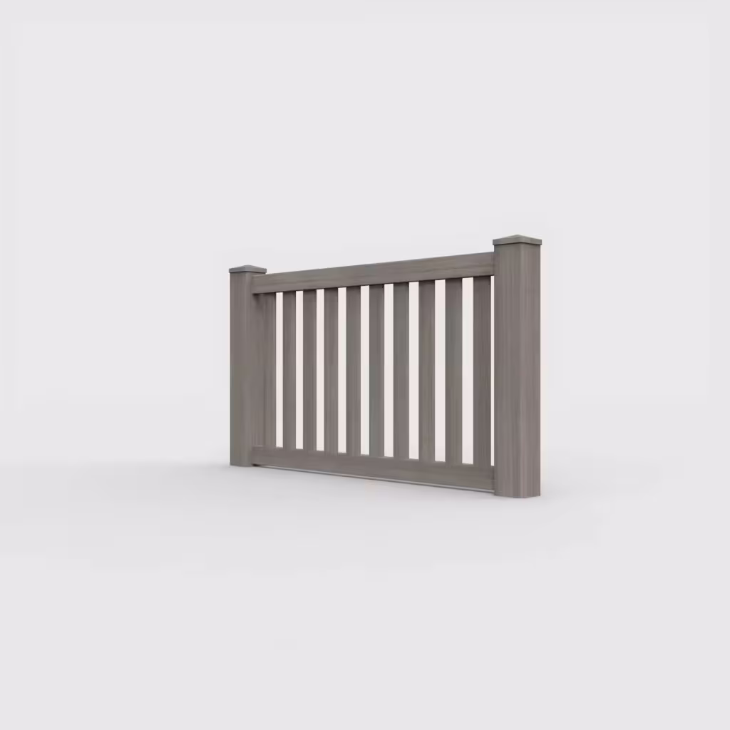 Weathered blend vertical picket 3 ft wall topper, left-side view