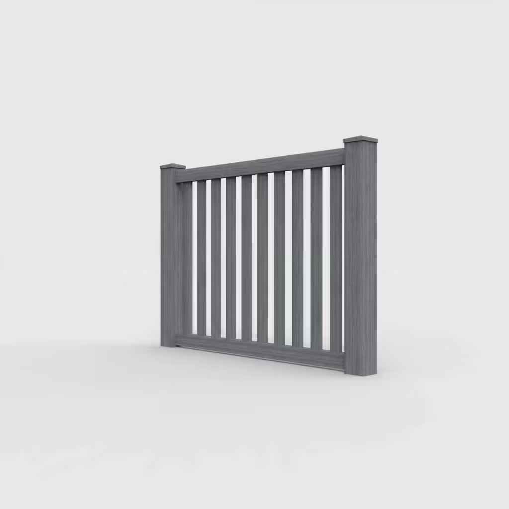 Arctic blend vertical picket 4 ft fence, left-side view