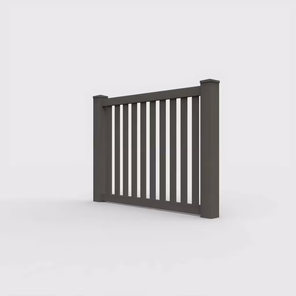 D. walnut vertical picket 4 ft fence, left-side view