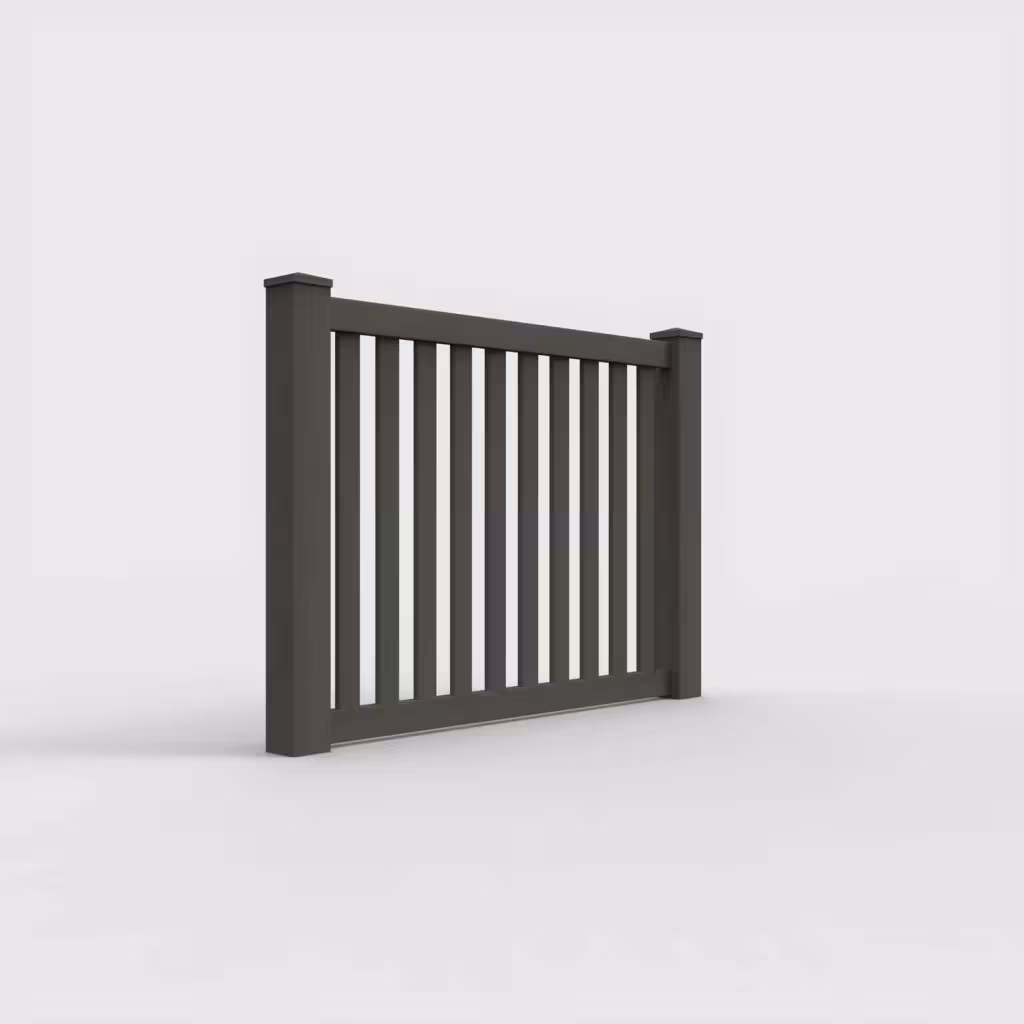 D. walnut vertical picket 4 ft fence, right-side view