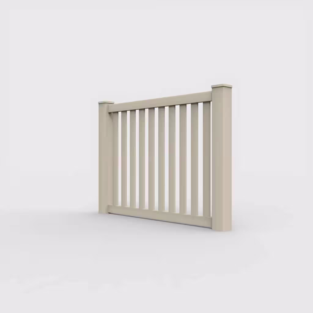 Tan vertical picket 4 ft fence, left-side view