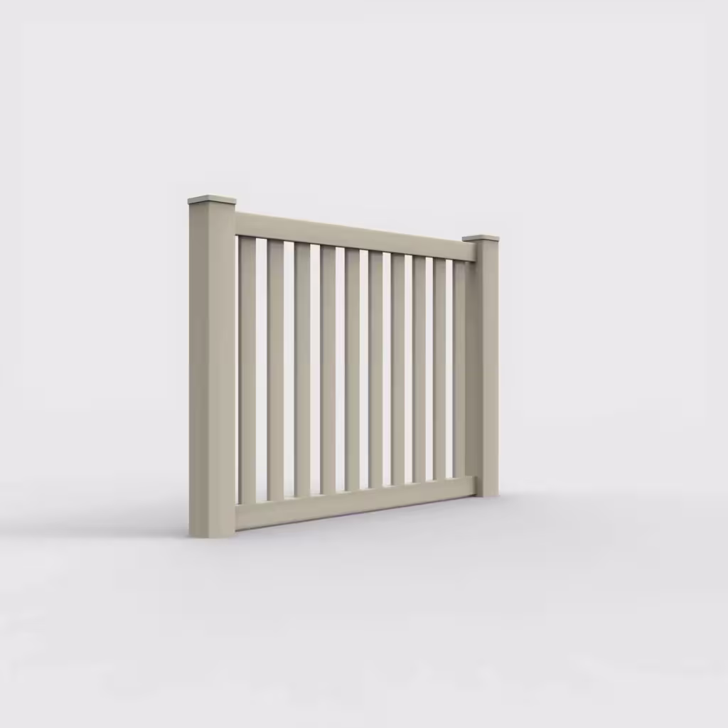 Tan vertical picket 4 ft fence, right-side view