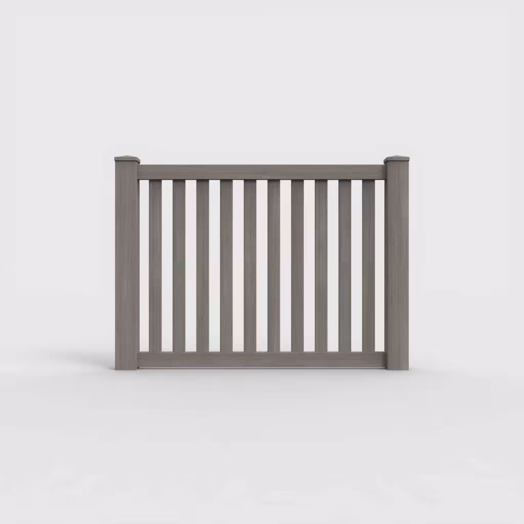 Weathered blend vertical picket 4 ft fence, front view