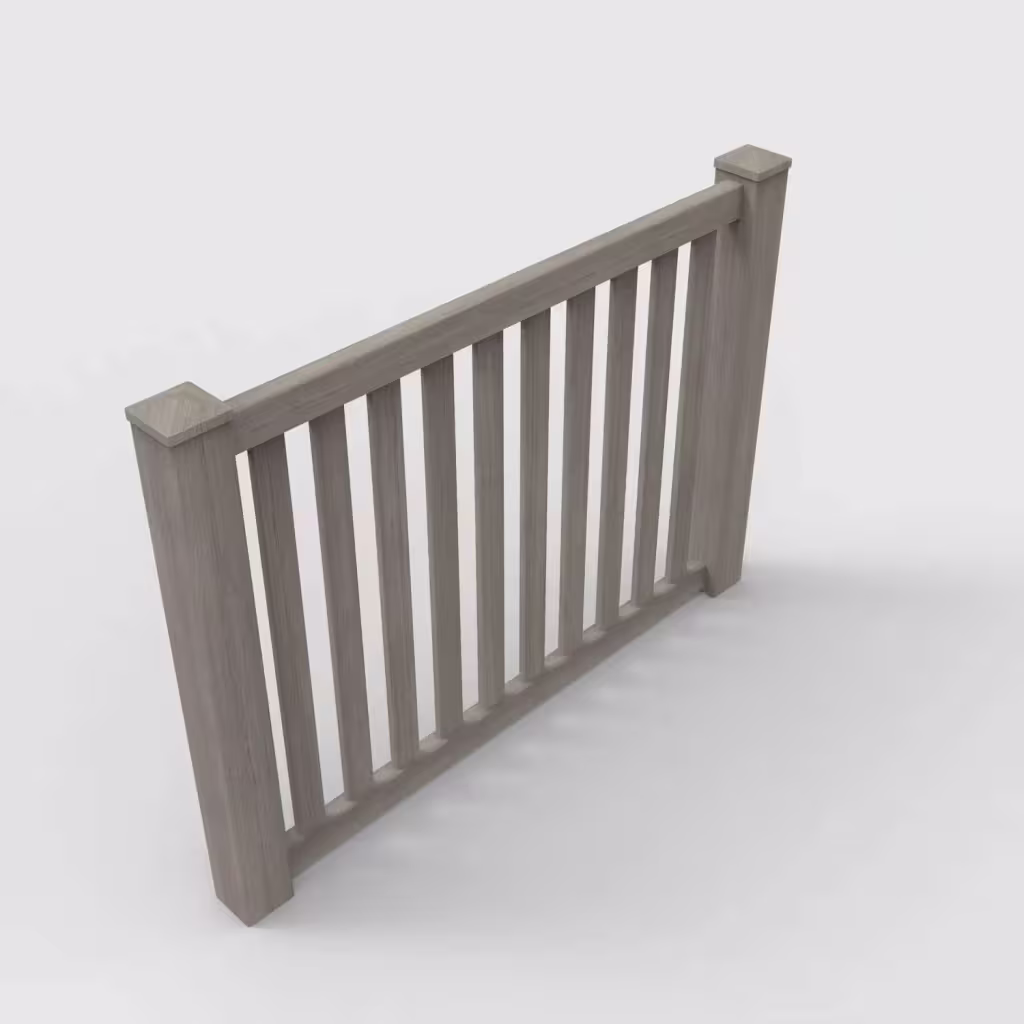 Weathered blend vertical picket 4 ft fence, isometric view