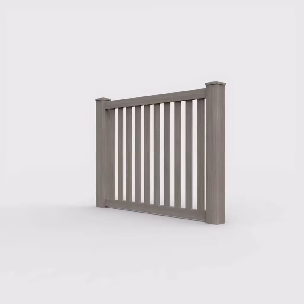 Weathered blend vertical picket 4 ft fence, left-side view