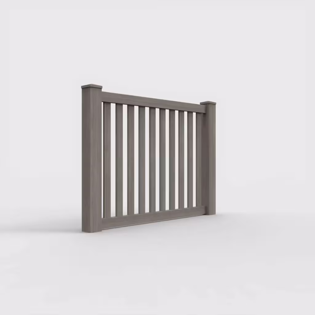 Weathered blend vertical picket 4 ft fence, right-side view
