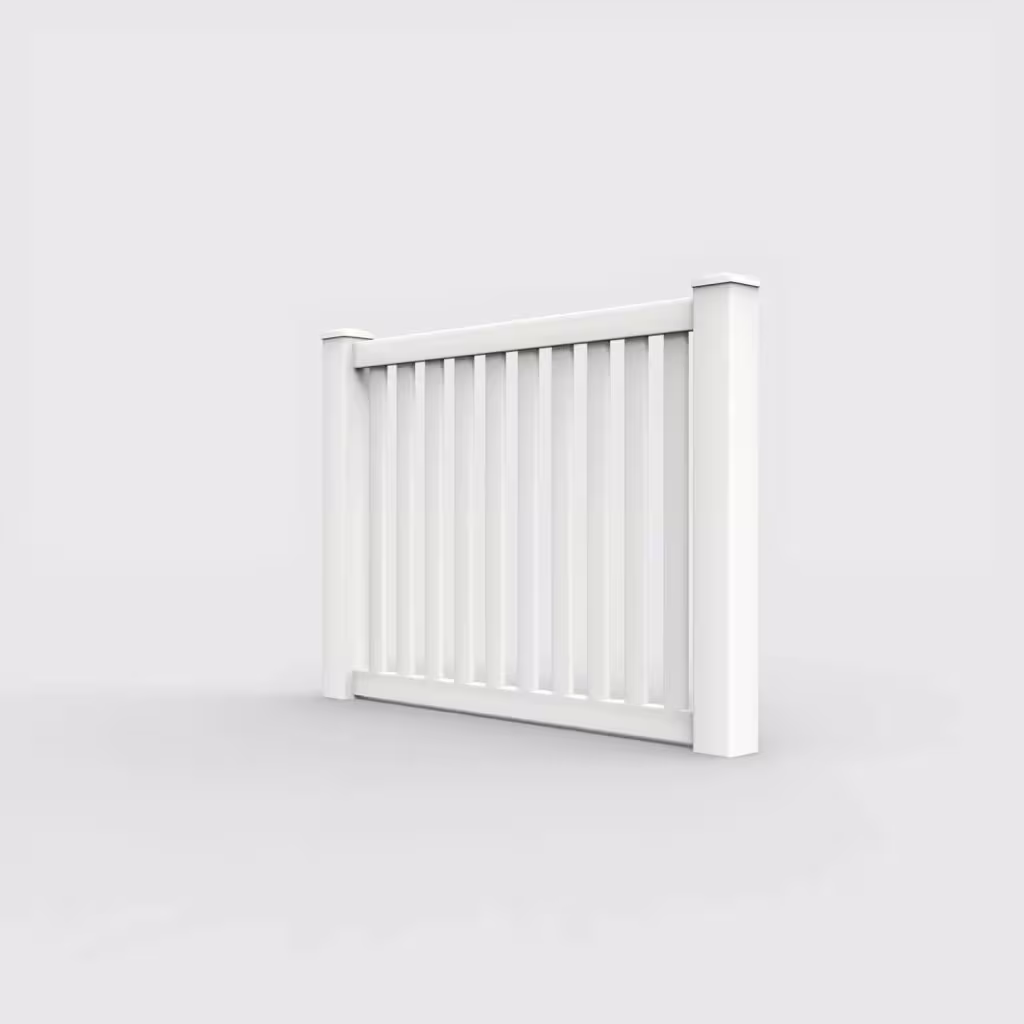 White vertical picket 4 ft fence, left-side view