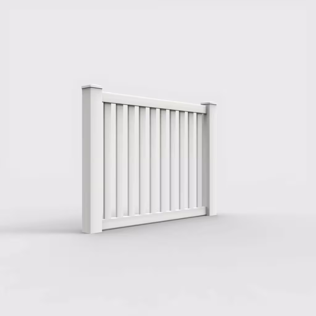 White vertical picket 4 ft fence, right-side view