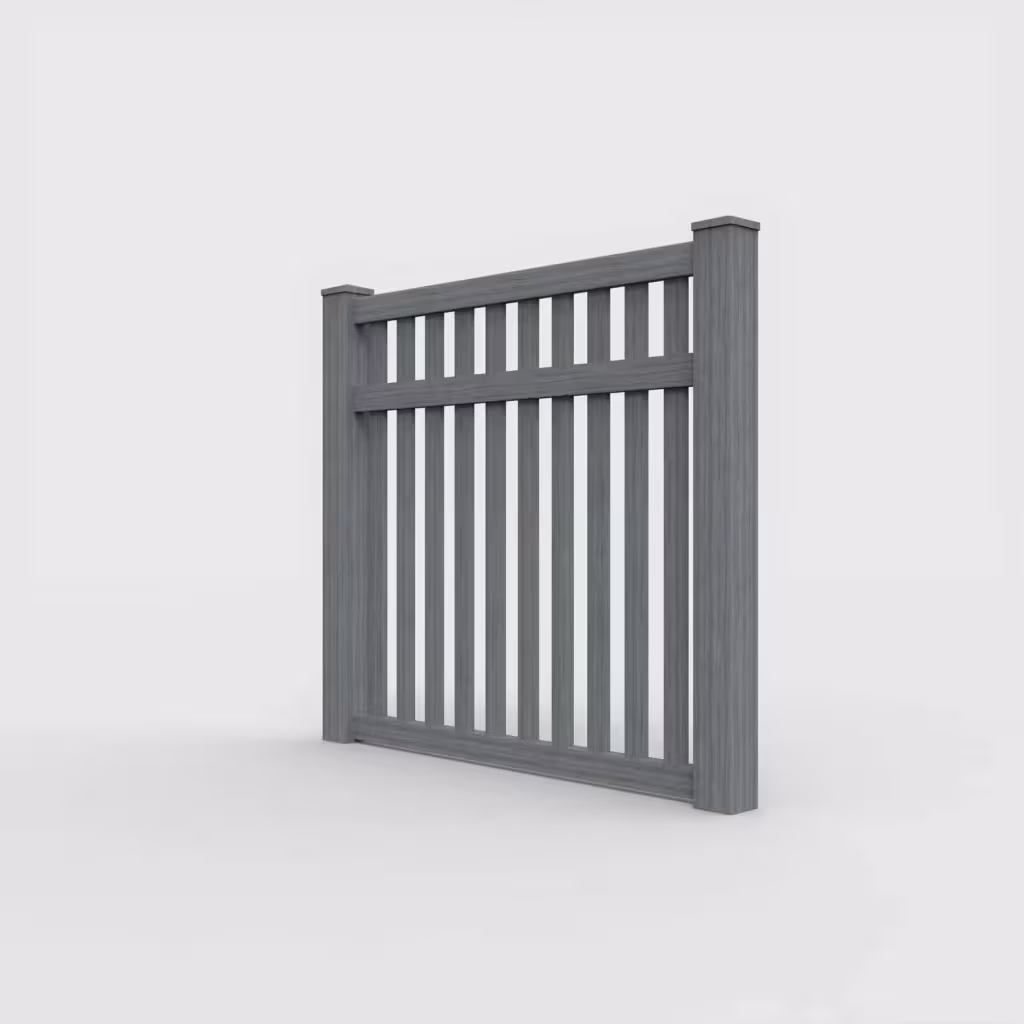 Arctic blend vertical picket 5 ft fence, left-side view