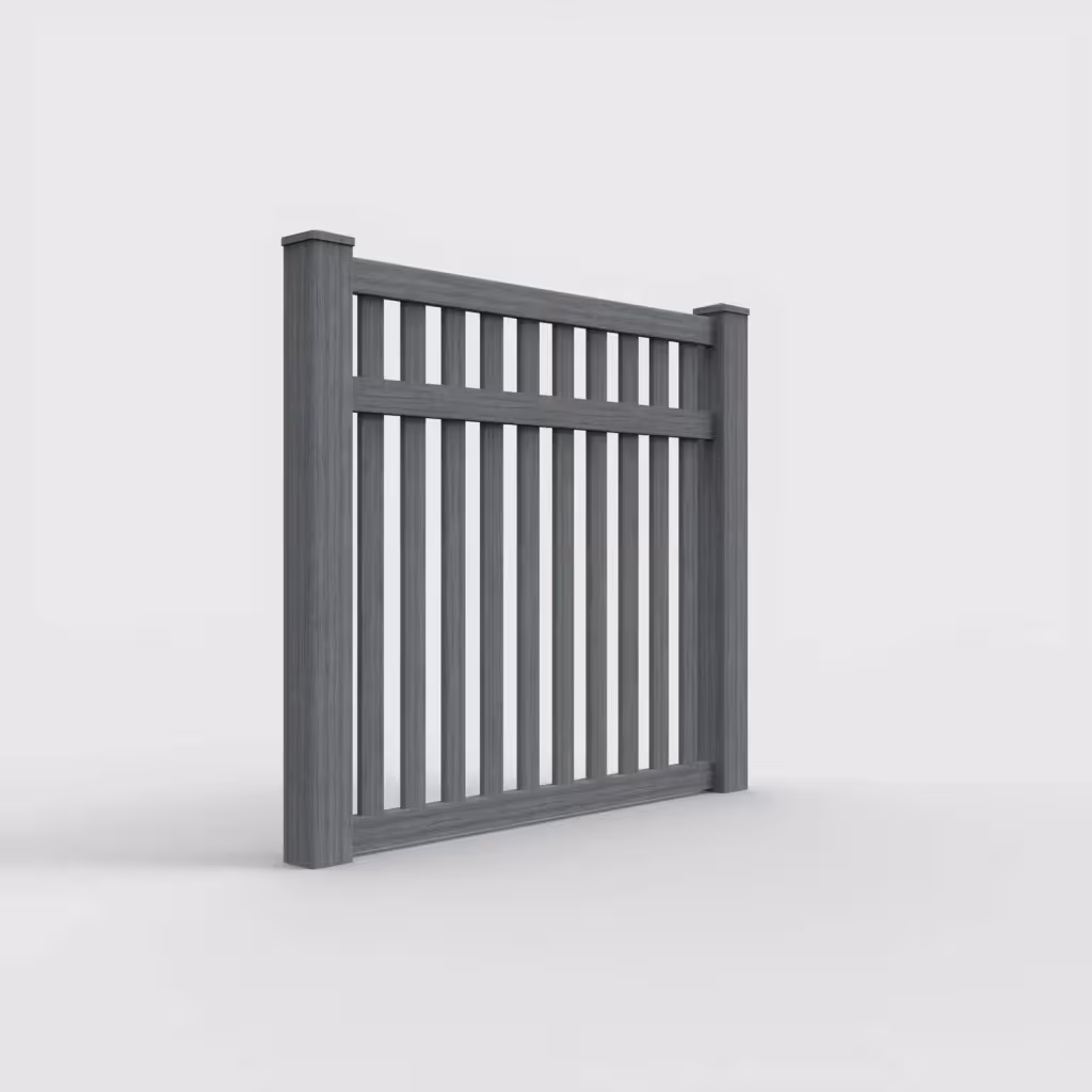Arctic blend vertical picket 5 ft fence, right-side view