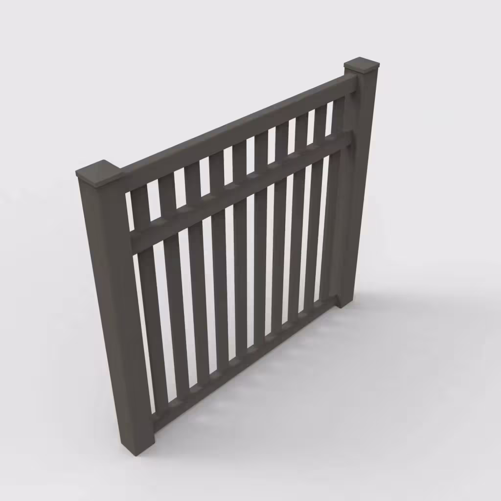 D. walnut vertical picket 5 ft fence, isometric view