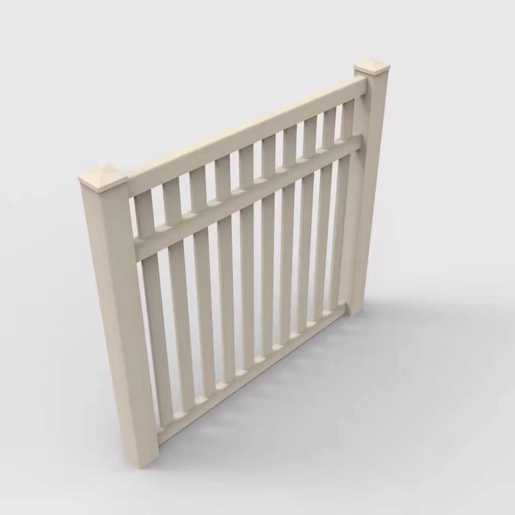 Tan vertical picket 5 ft fence, isometric view